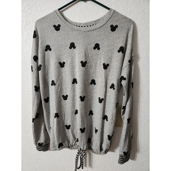 Disney Mickey Mouse Pajama PJ Set Womens Small Gray Tapered Stretch Pockets Tie - Picture 2 of 5